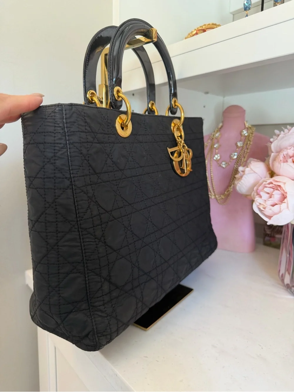 Dior Black Quilted Lady Dior Cannage Satchel Tote Bag gold Dior charm